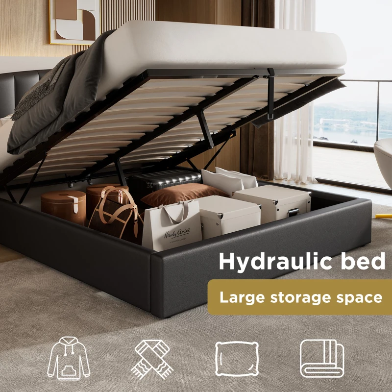 Stylish Upholstered Double Bed with Hydraulic Storage, Gold Edge Ear Design, PU Material, Slat Frame and Headboard, 143x198x106 cm, Black
