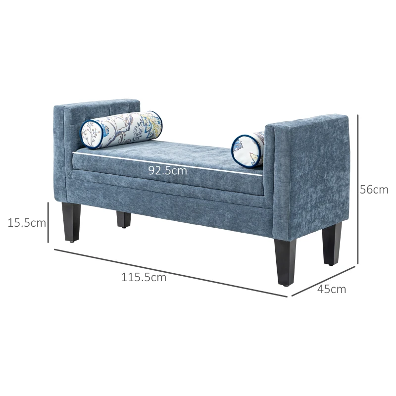 HOMCOM Bancă Capitonată pentru Dormitor cu Brațe, 2 Perne Cilindrice și Picioare din Lemn, 115,5x45x56 cm, Gri(m-3)