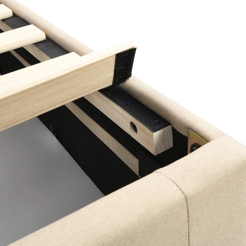 Upholstered Double Bed with LED Light, Bedside Pocket Design, Four Storage Drawers, Slatted Frame, Linen, 139.4x197.5x107 cm, Beige