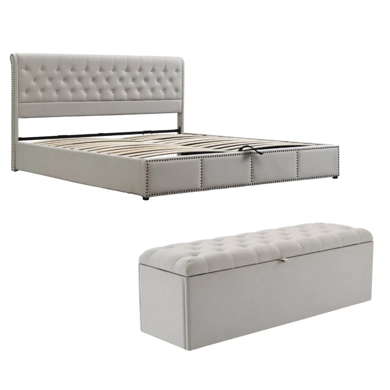 Upholstered Wood Double Bed with Storage, Hydraulic Lever and Bench, Linen Fabric Ottoman Bed Frame, 136x197x102.5 cm, Light Grey