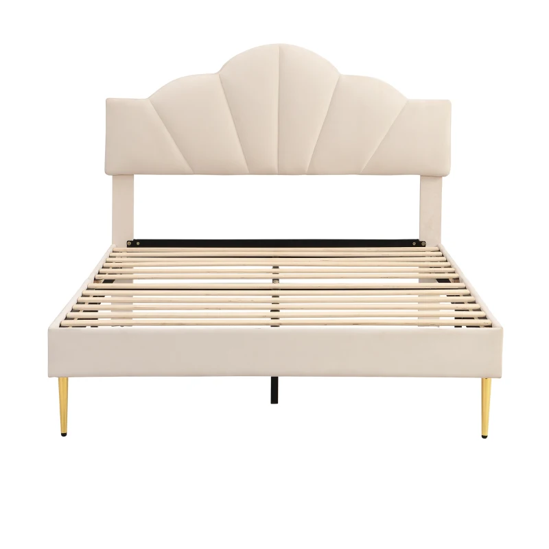 King Size Velvet Upholstered Bed with Golden Iron Legs, Shell-Like Headboard, Adjustable Height, Wooden Slatted Frame, 155x205X120 cm, Beige