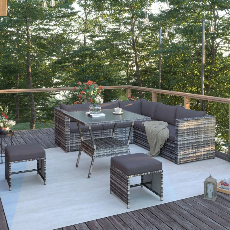 7 Seater Rattan Garden Patio Corner Sofa Set with High Glass Top Dining Table, 184x184x66 cm, Grey