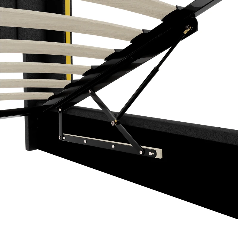 Stylish Upholstered Double Bed with Hydraulic Storage, Gold Edge Ear Design, PU Material, Slat Frame and Headboard, 143x198x106 cm, Black