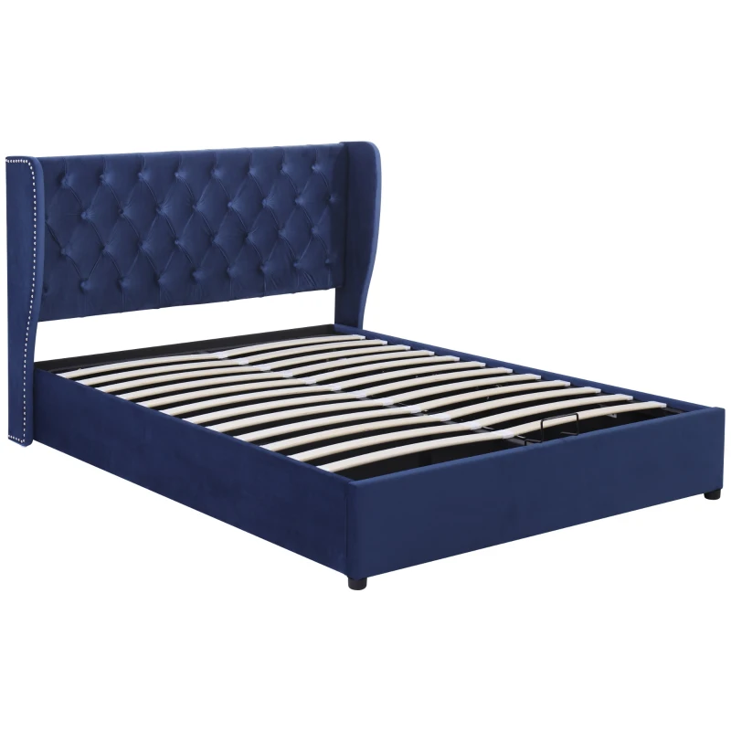 Upholstered Double Bed with Under Storage, High Headboard, Velvet Fabric, Timeless Design, 143x197x100 cm, Blue
