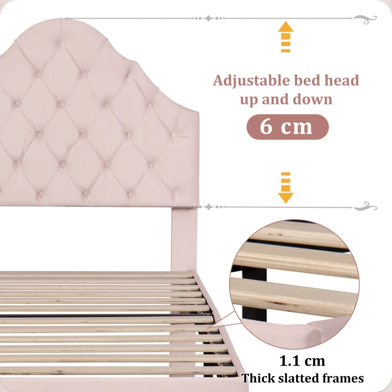 Upholstered Single Bed with Height-Adjustable Headboard, Wooden Slat Support, Easy Assembly, Velvet, 90x193x124 cm, Pink