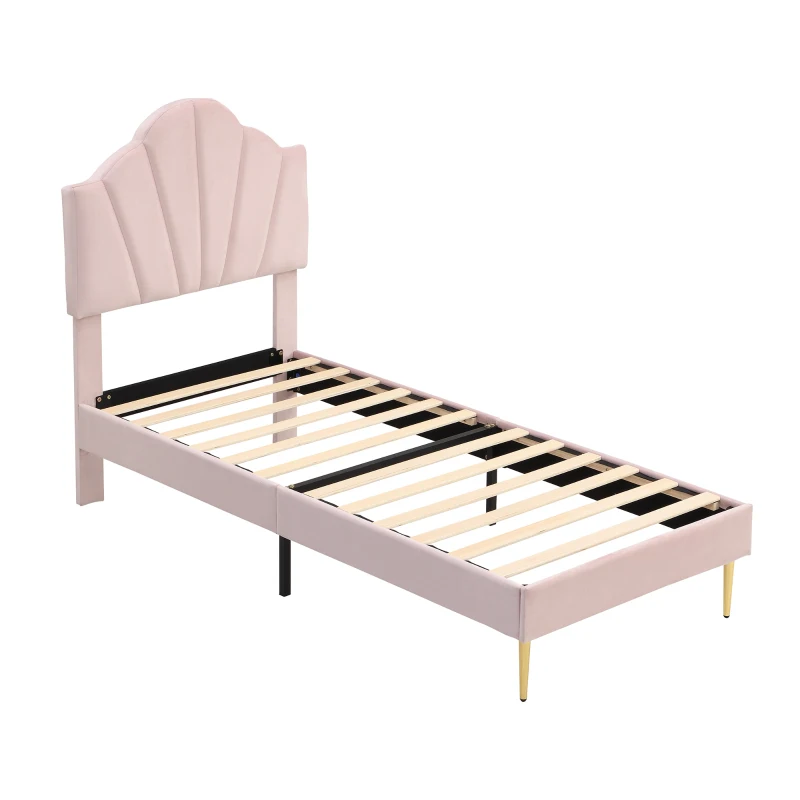 Velvet Upholstered Single Bed with Golden Iron Legs, Shell-Like Headboard, Adjustable Height, Wooden Slatted Frame, 95x195x130 cm, Pink