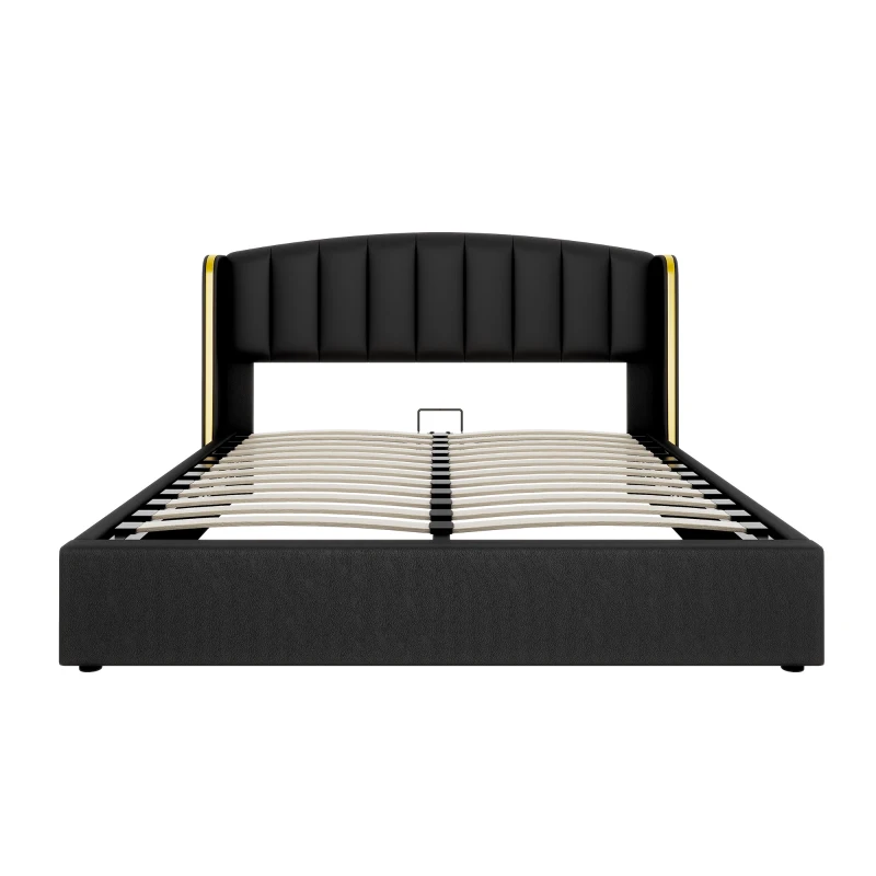 Stylish Upholstered Double Bed with Hydraulic Storage, Gold Edge Ear Design, PU Material, Slat Frame and Headboard, 143x198x106 cm, Black