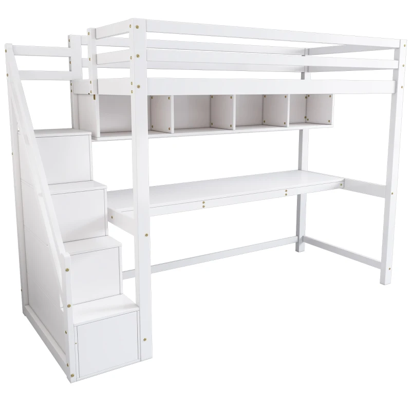 Children's Loft Bed with Storage Stairs, Pine Wood Frame, Large Desk with Storage and Shelves, 242x94x174 cm, White