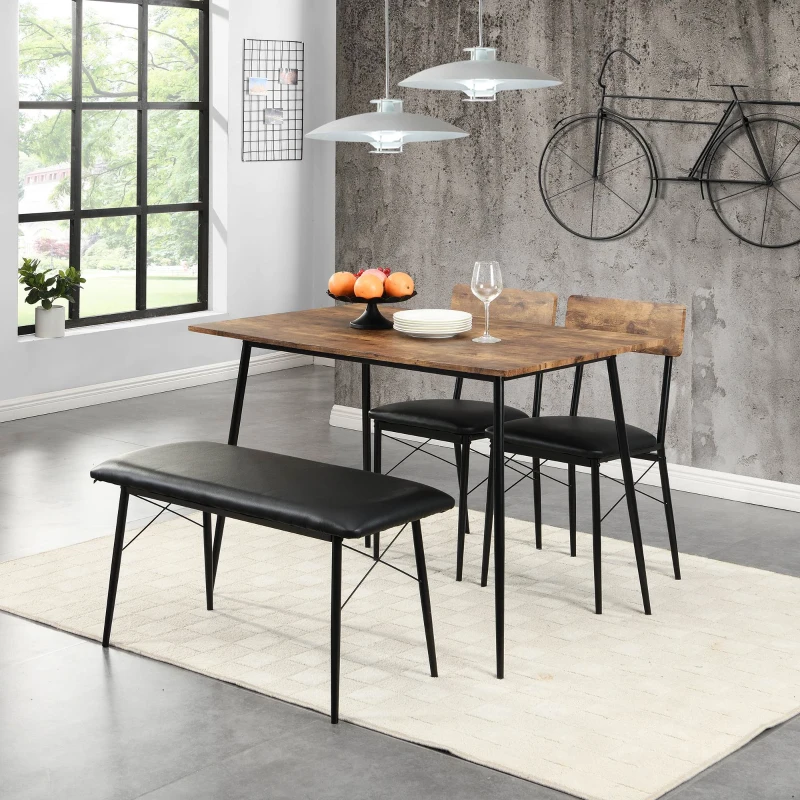 Industrial Dining Table and Chairs Set with Bench, Retro Kitchen Dining Set, MDF and Steel Frame, 110x70x79 cm, Brown