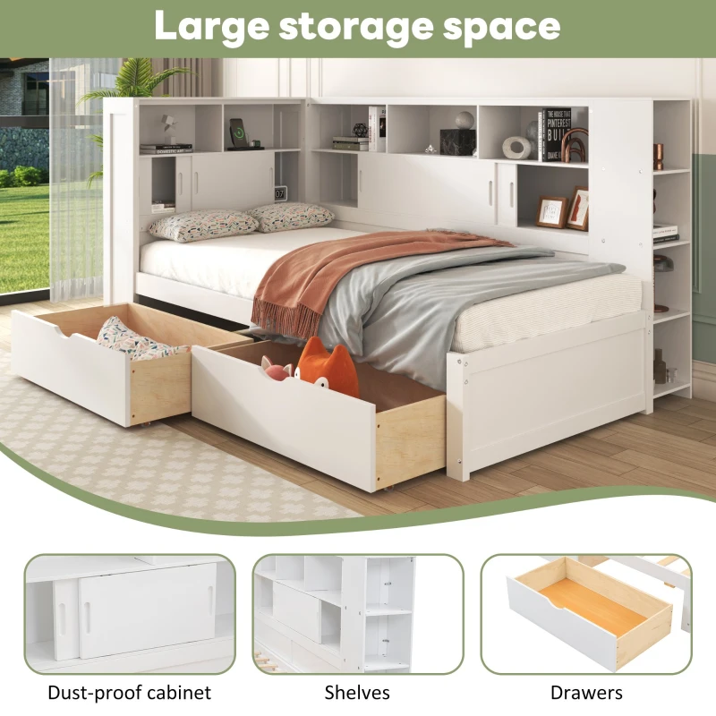 Multifunctional Single Bed Platform Bed with Trundle, Bookcase, USB Port, and Storage Drawers, 216x123x110 cm, White