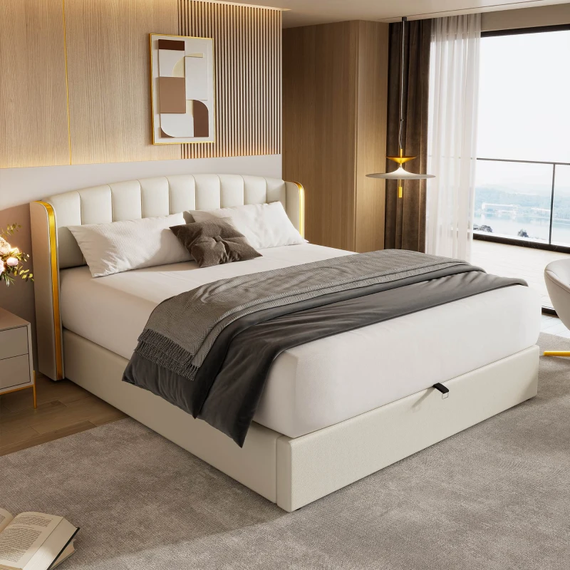 King Size Upholstered Bed with Hydraulic Storage, Gold Edge Ear Design, PU Material, Slat Frame and Headboard, 158x208x106 cm, Beige