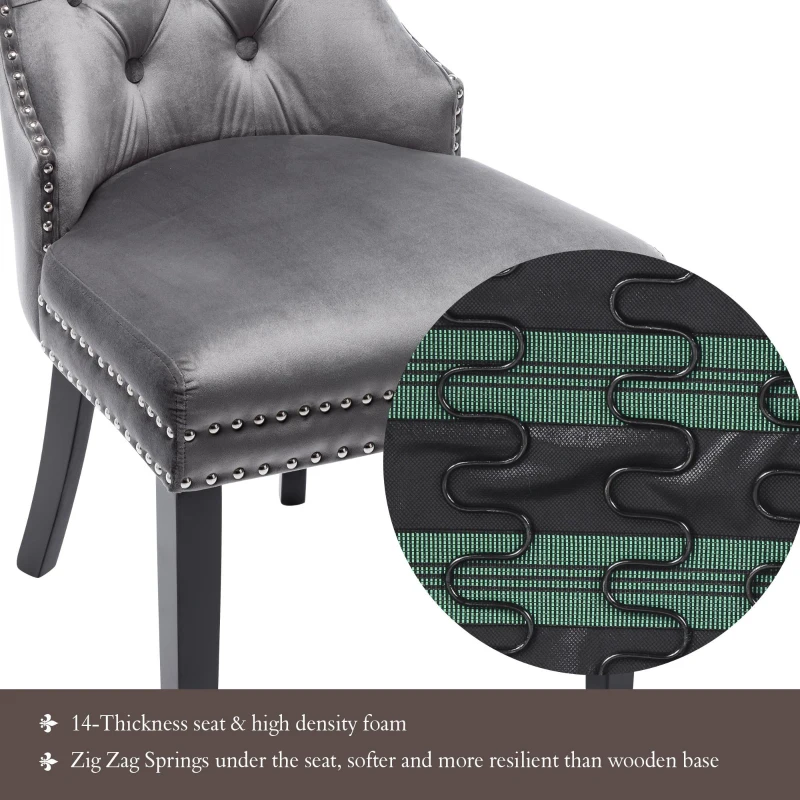 Set of 6 Velvet Dining Chairs with Oak Legs, Button Tufting and Chrome Knocker, 53x54x97 cm, Gray