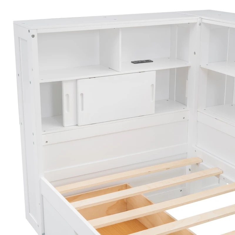 Multifunctional Single Bed Platform Bed with Trundle, Bookcase, USB Port, and Storage Drawers, 216x123x110 cm, White