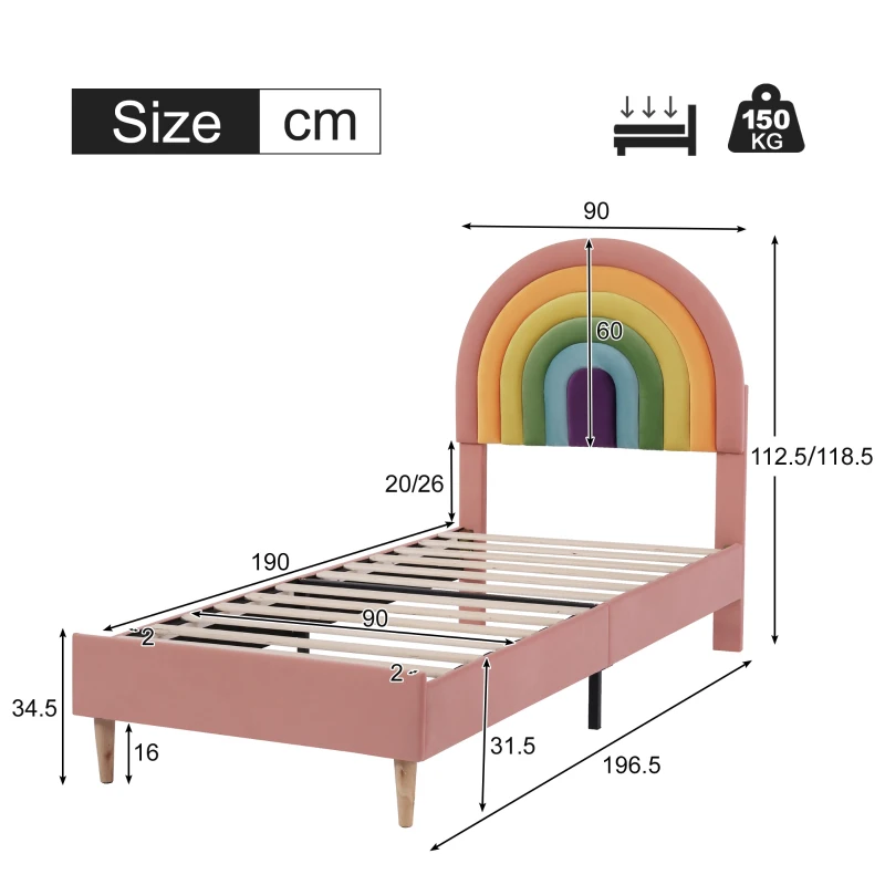 Upholstered Girls Bed with Slatted Frame and Adjustable Headboard, Velvet Pink Bed, Easy Assembly, 90x196.5x118.5 cm, Pink