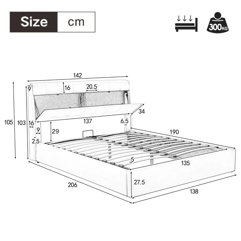 Fashion Double Bed Frame with Storage, Hydraulic Lift, Concealed Headboard Space and PU Material, 142x206x105 cm, Cream White