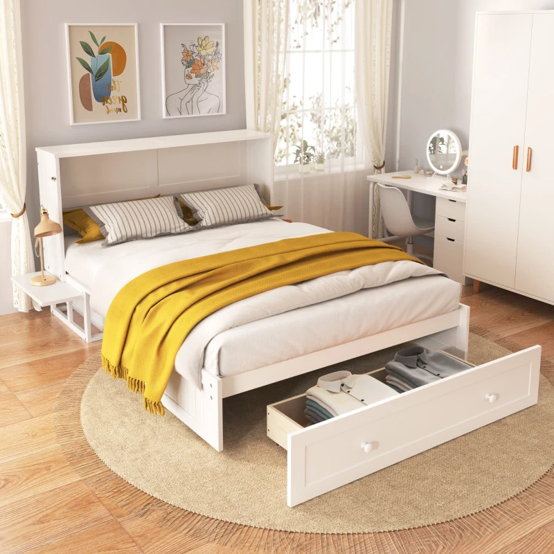 Double Murphy Bed with Foldable Shelves and Storage Drawers, Ideal for Home and Bedroom Furniture, 142x200x98 cm, White