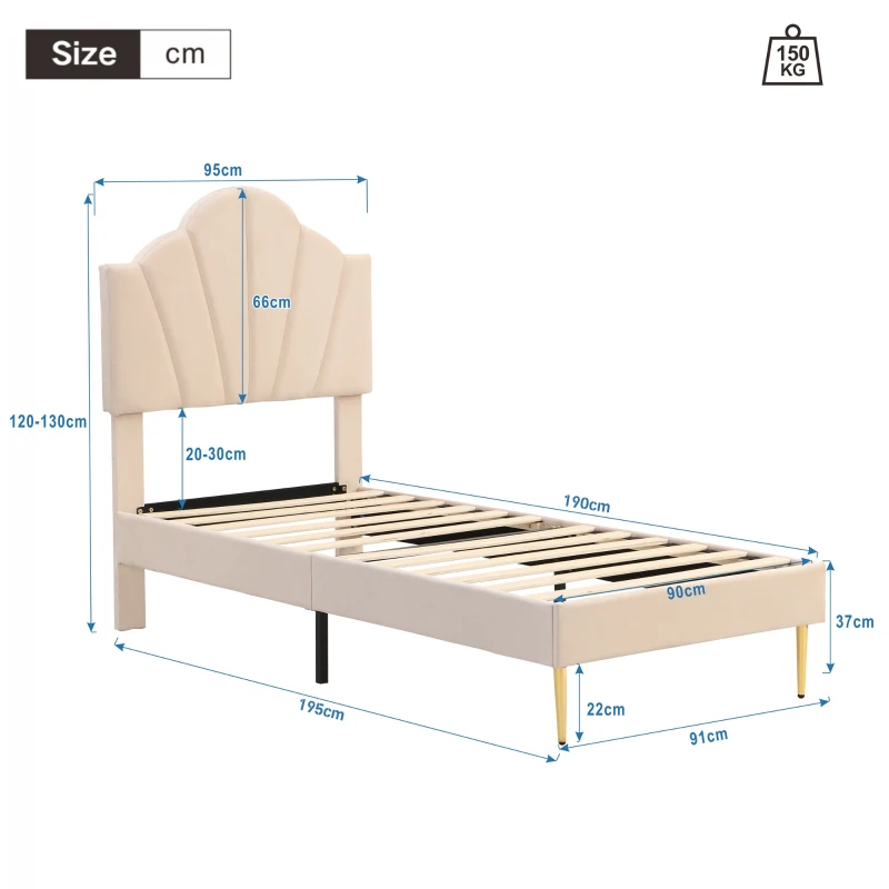 Velvet Upholstered Single Bed with Adjustable Headboard and Golden Iron Legs, Wooden Slatted Frame, 95x195x130 cm, Beige