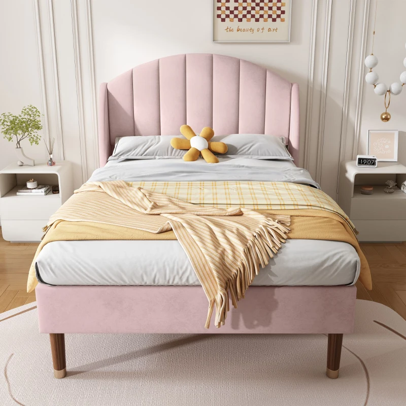 Upholstered Pink Bed with Slatted Frame and Headboard, Velvet Fabric Girls Bed, Easy Assembly, 100x196x108 cm, Pink