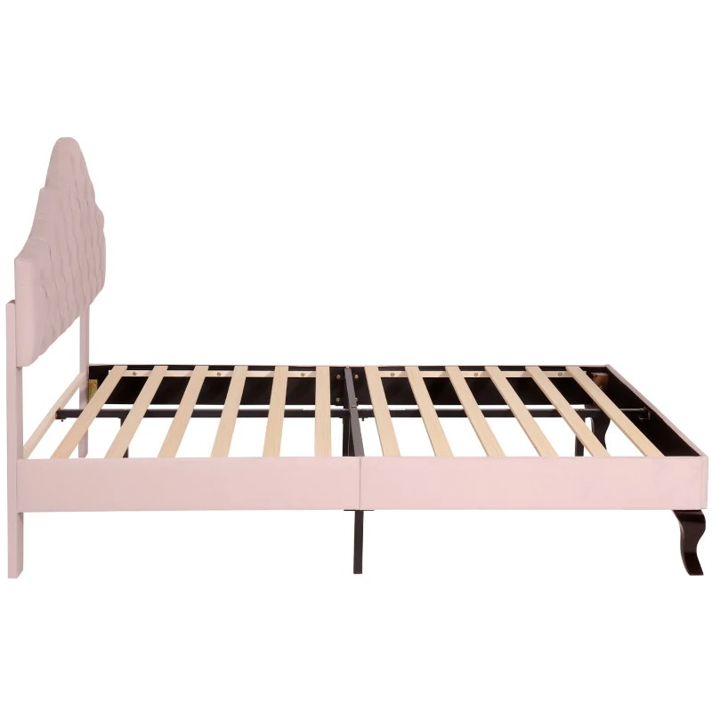 Upholstered Wooden Double Bed Frame with Adjustable Headboard, Velvet Fabric, Luxurious Slat Bed for Bedroom, 137x193x124 cm, Pink