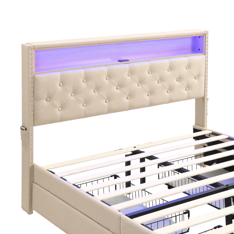 Upholstered Double Bed with LED Light, Bedside Pocket Design, Four Storage Drawers, Slatted Frame, Linen, 139.4x197.5x107 cm, Beige
