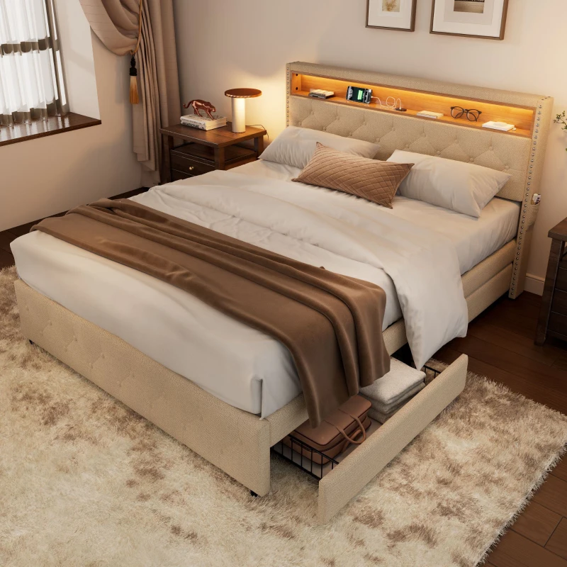 Upholstered Double Bed with LED Light, Bedside Pocket Design, Four Storage Drawers, Slatted Frame, Linen, 139.4x197.5x107 cm, Beige