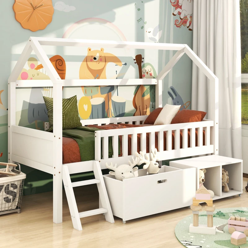 Childrens Bed with Storage Compartments, Pinewood Frame, Anti-Fall Railings, Ideal for Kids' Room, 196x97x161.2 cm, White