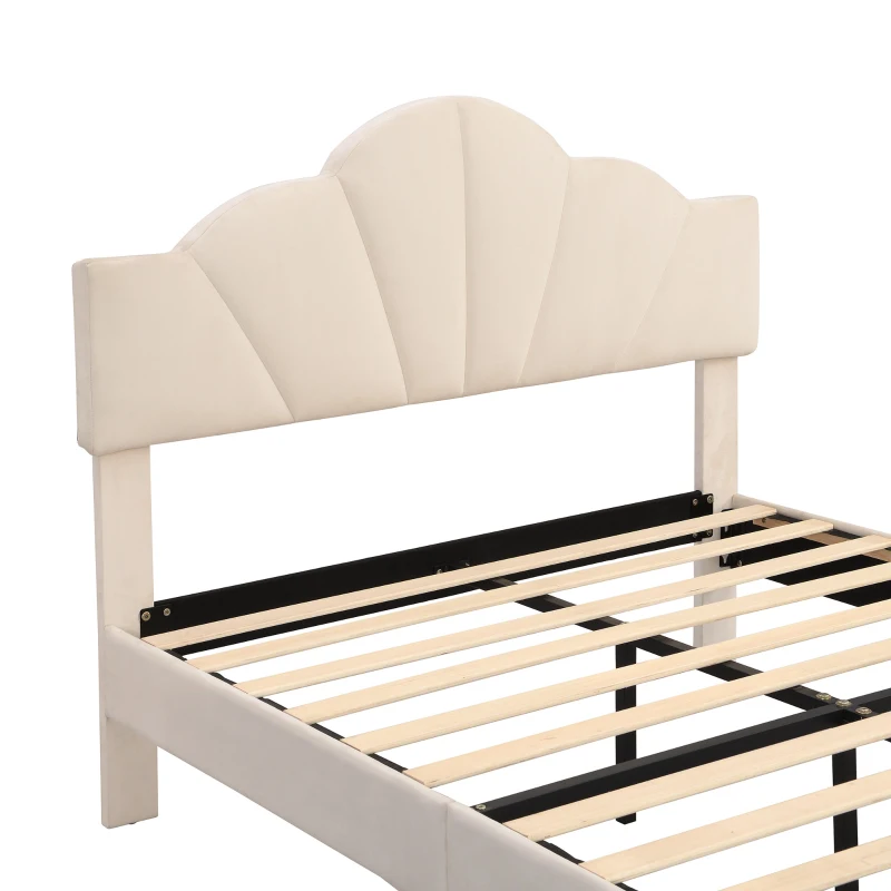 King Size Velvet Upholstered Bed with Golden Iron Legs, Shell-Like Headboard, Adjustable Height, Wooden Slatted Frame, 155x205X120 cm, Beige