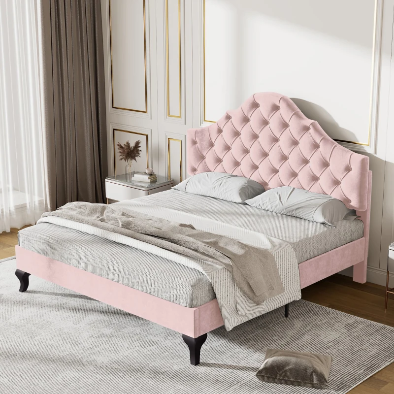 Upholstered Wooden Double Bed Frame with Adjustable Headboard, Velvet Fabric, Luxurious Slat Bed for Bedroom, 137x193x124 cm, Pink