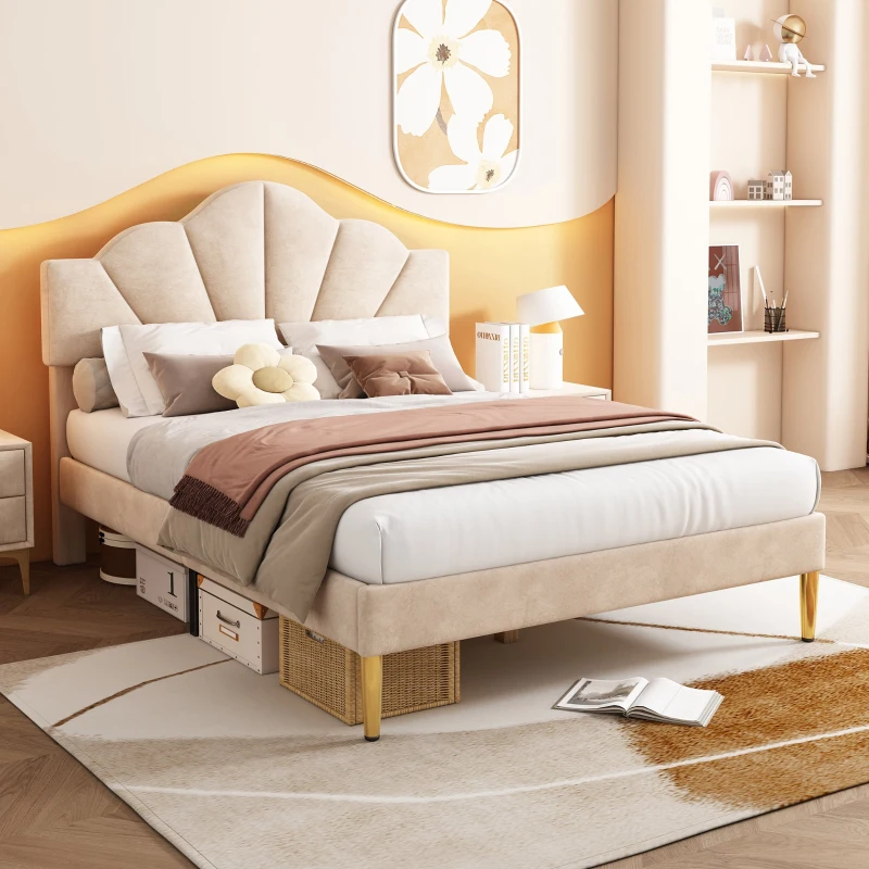 King Size Velvet Upholstered Bed with Golden Iron Legs, Shell-Like Headboard, Adjustable Height, Wooden Slatted Frame, 155x205X120 cm, Beige