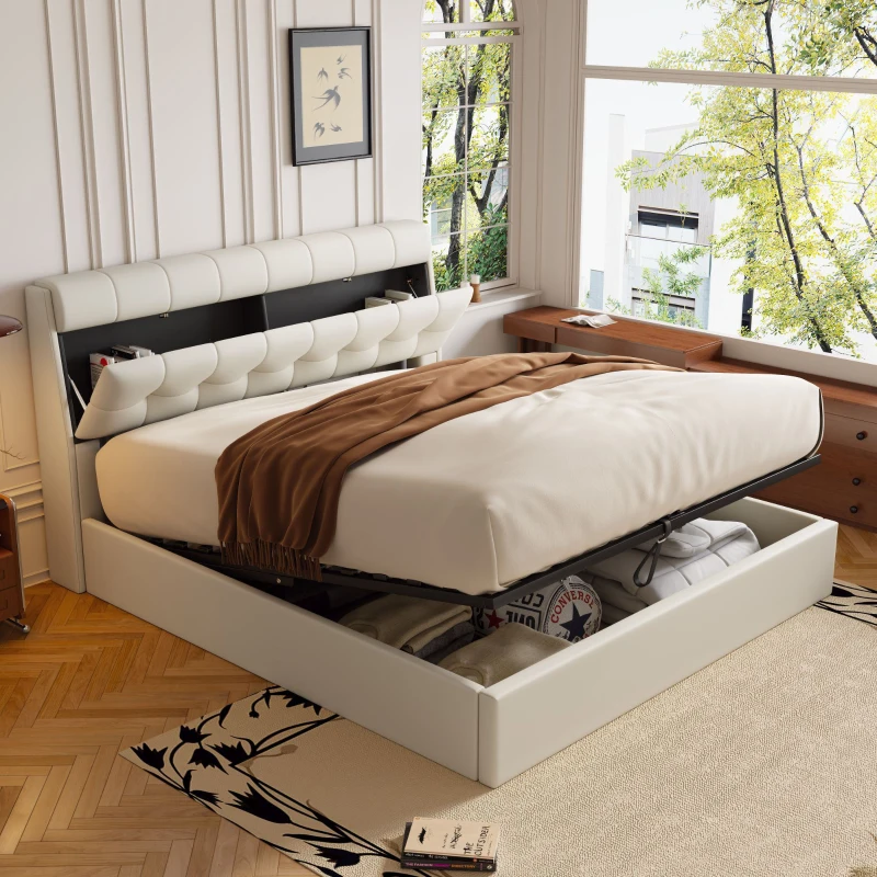 Fashion Double Bed Frame with Storage, Hydraulic Lift, Concealed Headboard Space and PU Material, 142x206x105 cm, Cream White