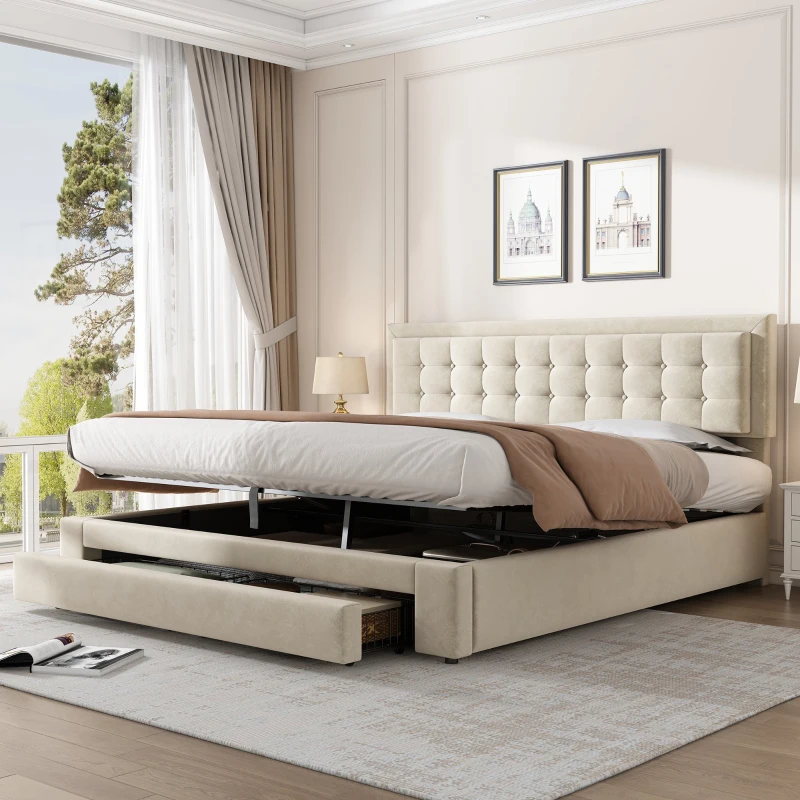King Size Upholstered Bed with Velvet Fabric, Adjustable Headboard and Large Storage Space, 156x200x101 cm, Cream