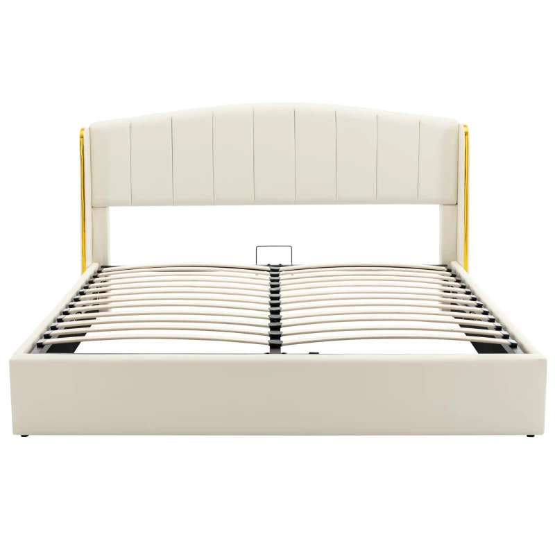 Stylish Upholstered Double Bed with Hydraulic Storage, Gold Edge Ear Design, PU Material, Slat Frame and Headboard, 143x198x106 cm, Beige
