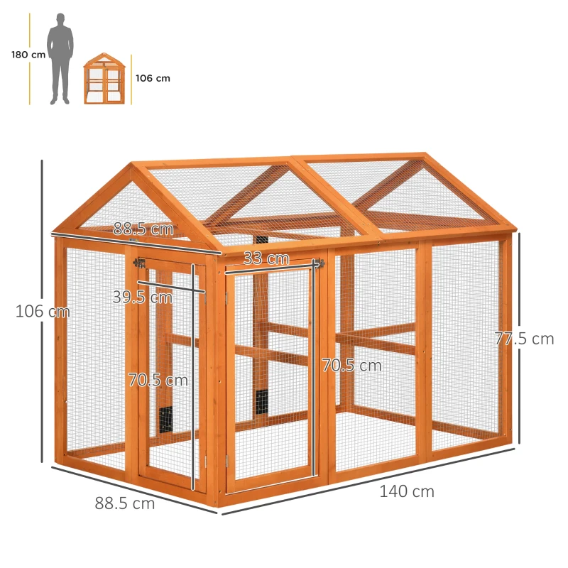 PawHut Cotet Prefabricat din Lemn, Cotet pentru Gaini cu Usi Multiple si Plasa metalica, 140x88.5x106cm, Portocaliu(m-3)