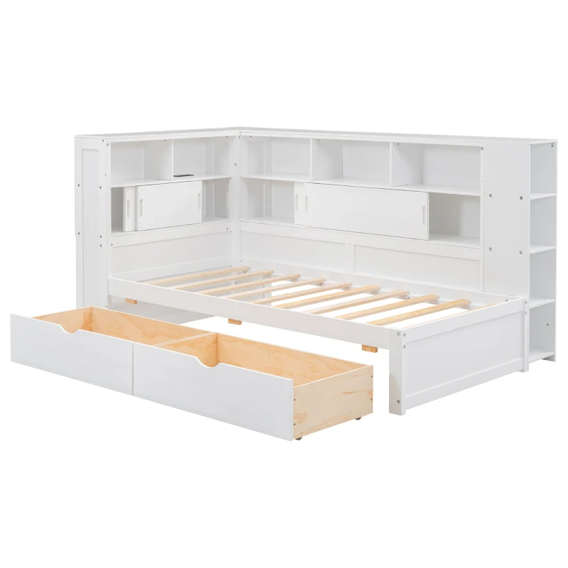 Multifunctional Single Bed Platform Bed with Trundle, Bookcase, USB Port, and Storage Drawers, 216x123x110 cm, White