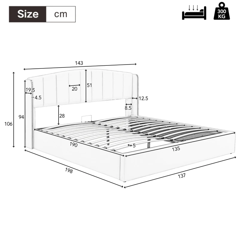 Stylish Upholstered Double Bed with Hydraulic Storage, Gold Edge Ear Design, PU Material, Slat Frame and Headboard, 143x198x106 cm, Black