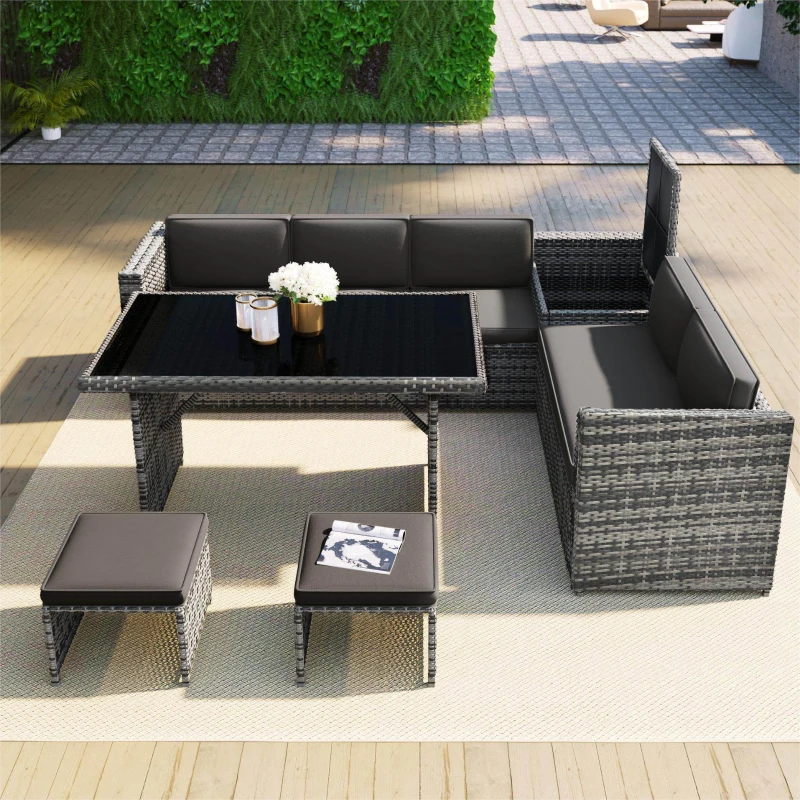 7 Seater Rattan Garden Look Patio Corner Sofa Set with Glass Topped Dining Table, Side Storage and Cushions, 224x180x65 cm, Grey