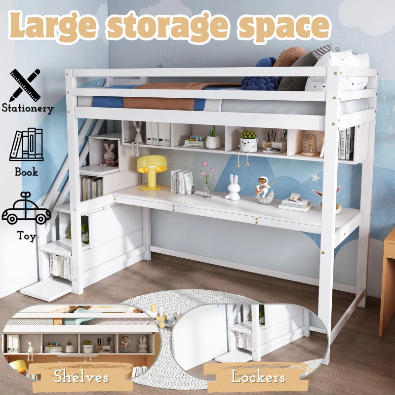 Children's Loft Bed with Storage Stairs, Pine Wood Frame, Large Desk with Storage and Shelves, 242x94x174 cm, White