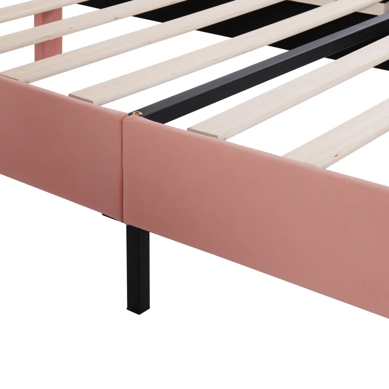 Upholstered Girls Bed with Slatted Frame and Adjustable Headboard, Velvet Pink Bed, Easy Assembly, 90x196.5x118.5 cm, Pink