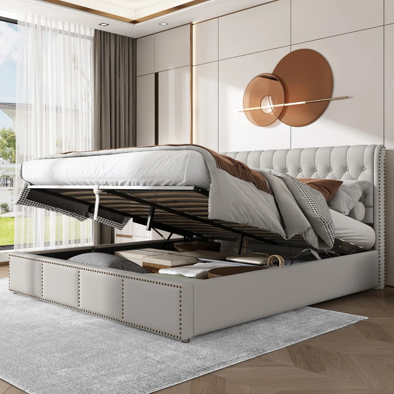 Upholstered Wood Double Bed with Storage, Hydraulic Lever and Bench, Linen Fabric Ottoman Bed Frame, 136x197x102.5 cm, Light Grey