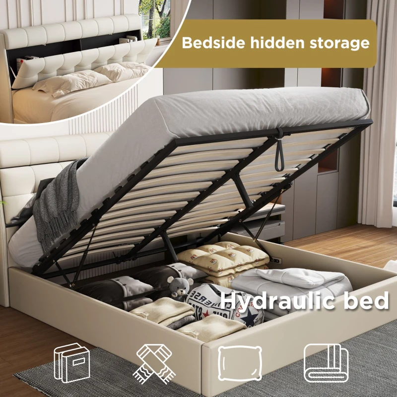 Fashion Double Bed Frame with Storage, Hydraulic Lift, Concealed Headboard Space and PU Material, 142x206x105 cm, Cream White