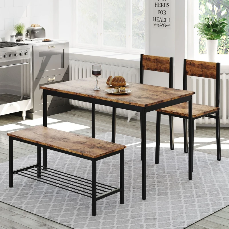 4 Piece Industrial Style Dining Room Table with Chairs and a Bench, Dining Set with Steel Frame, Particle Board, 106x68x75 cm, Rustic Brown