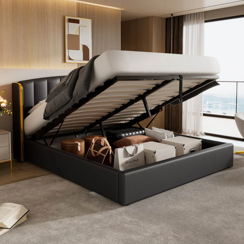 Stylish Upholstered Double Bed with Hydraulic Storage, Gold Edge Ear Design, PU Material, Slat Frame and Headboard, 143x198x106 cm, Black