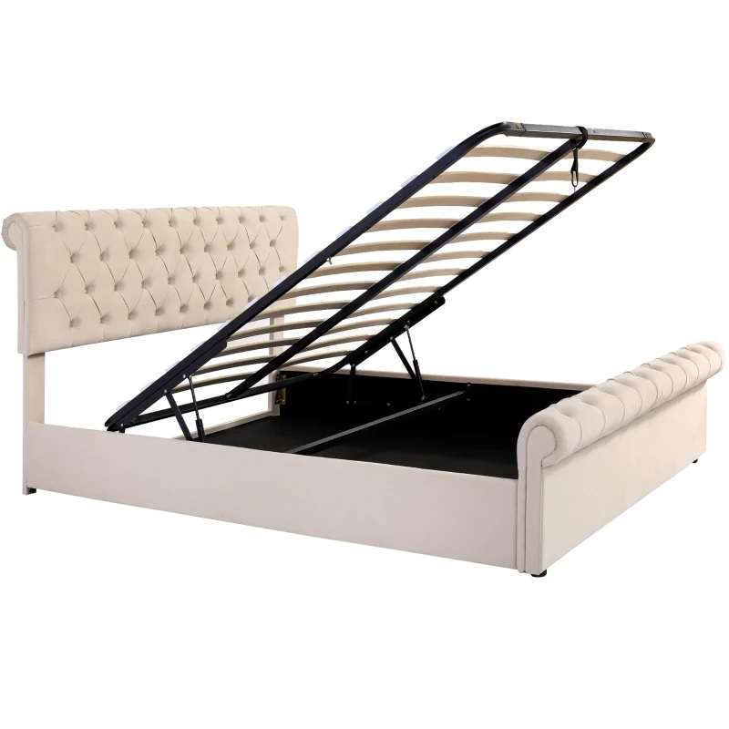 5ft King Size Luxurious Velvet Button Tufted Sleigh Bed with Hidden Storage, Adjustable Headboard, and Sturdy Frame, 160x228x107 cm, Beige
