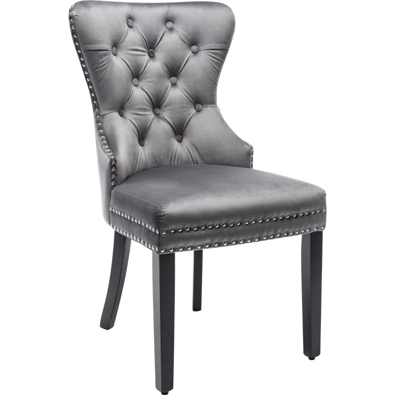 Set of 6 Velvet Dining Chairs with Oak Legs, Button Tufting and Chrome Knocker, 53x54x97 cm, Gray