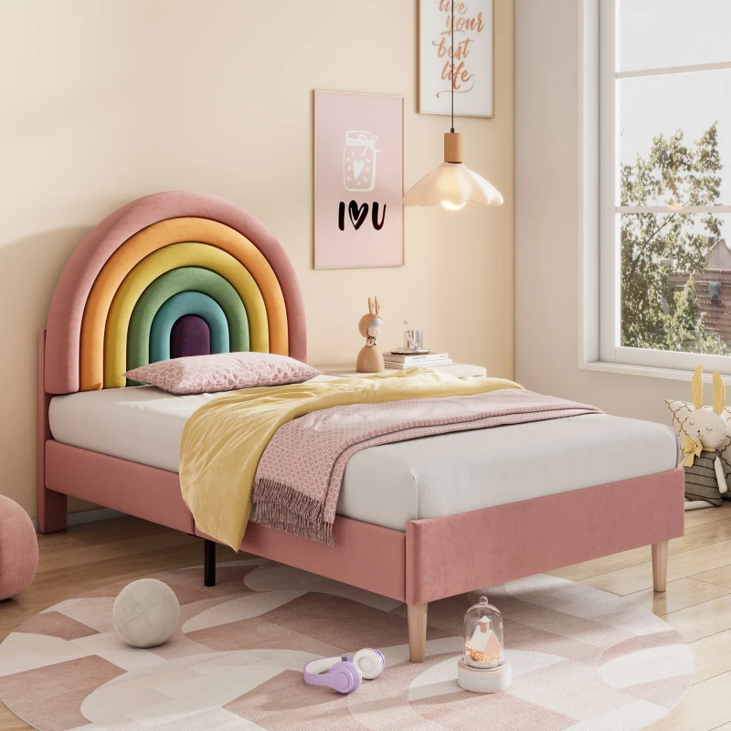 Upholstered Girls Bed with Slatted Frame and Adjustable Headboard, Velvet Pink Bed, Easy Assembly, 90x196.5x118.5 cm, Pink
