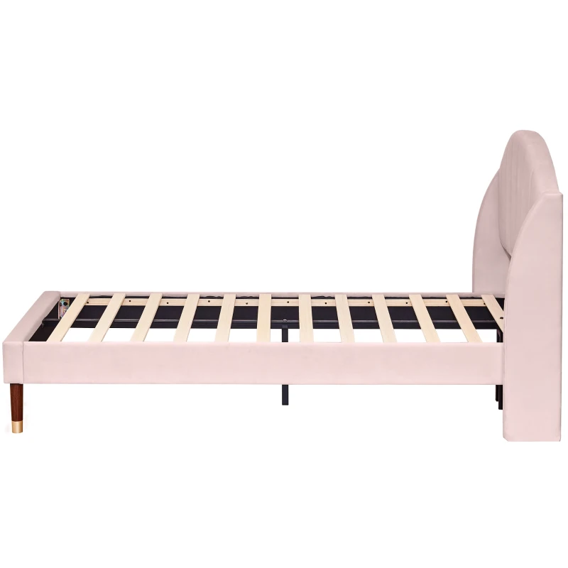 Upholstered Pink Bed with Slatted Frame and Headboard, Velvet Fabric Girls Bed, Easy Assembly, 100x196x108 cm, Pink