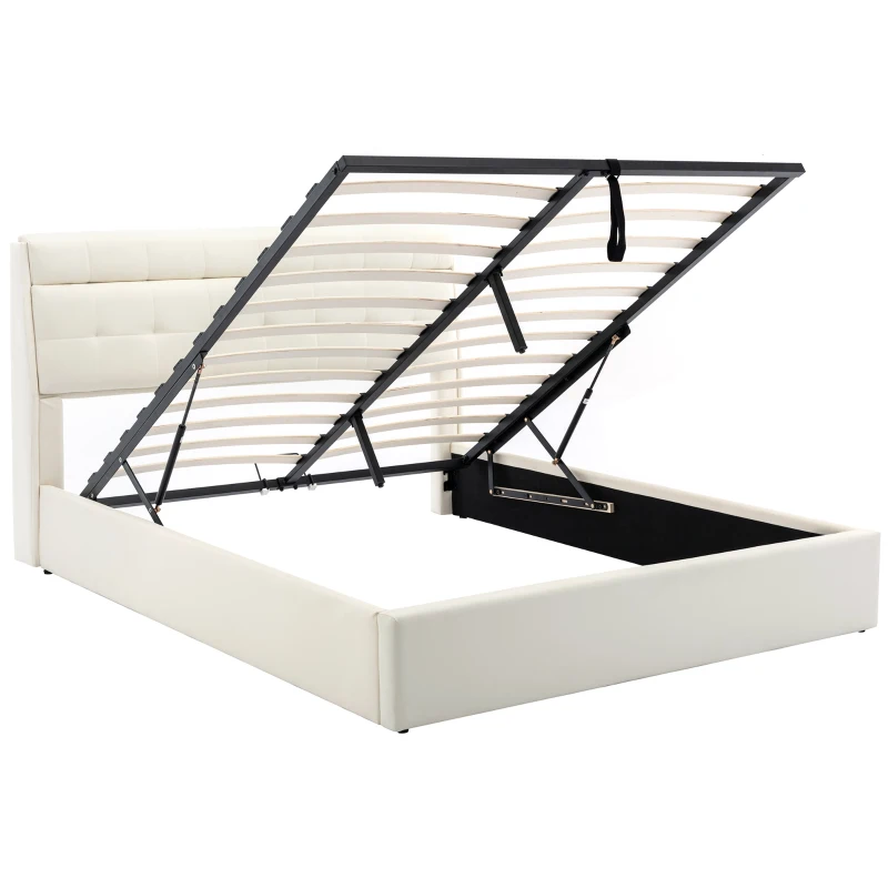 Fashion Double Bed Frame with Storage, Hydraulic Lift, Concealed Headboard Space and PU Material, 142x206x105 cm, Cream White