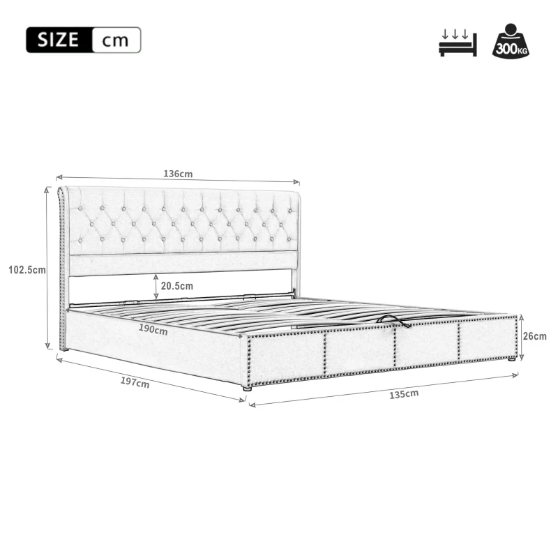 Upholstered Wood Double Bed with Storage, Hydraulic Lever and Bench, Linen Fabric Ottoman Bed Frame, 136x197x102.5 cm, Light Grey