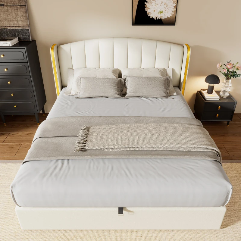 Stylish Upholstered Double Bed with Hydraulic Storage, Gold Edge Ear Design, PU Material, Slat Frame and Headboard, 143x198x106 cm, Beige