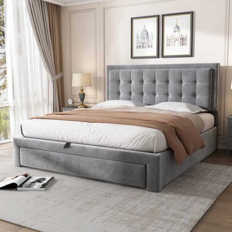 Upholstered Double Bed with Velvet Fabric, Adjustable Headboard and Large Storage Space, 141x190x101 cm, Grey